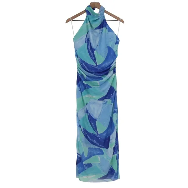 Lulus Idyllic In Ibiza Midi Dress Womens XL Blue Abstract Print Halter Neck - Image 2