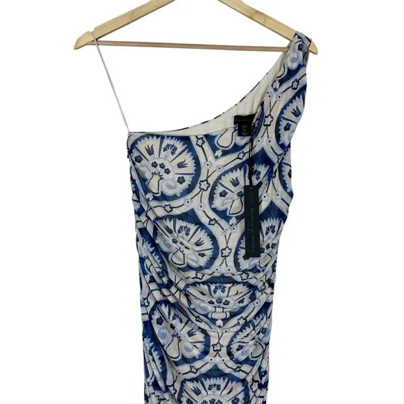 NWT House of Harlow 1960 Damask One Shoulder Midi Dress Blue Cream Ruched Size S - Image 3