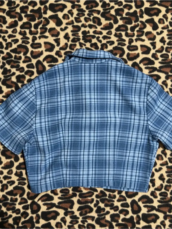 2000s vintage style brandy melville blue vivian plaid cropped button up - Image 3