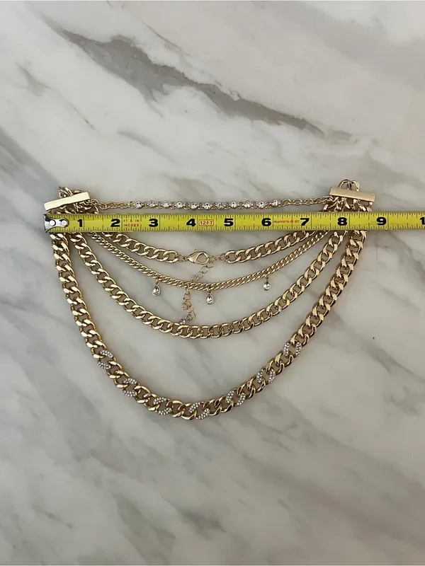 Source Unknown Gold Tone Layered Chain Statement Necklace Rhinestone Teardrop Bib - Image 6