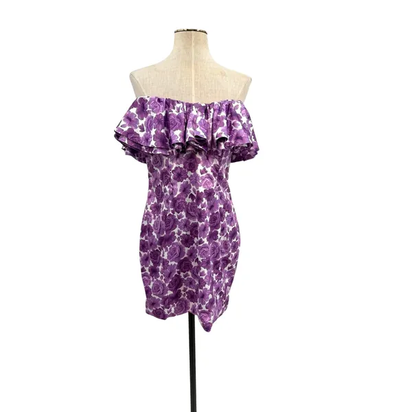 Oh Polly Show Me‎ Off Off Shoulder Ruffle Satin Mini Dress Lilac Floral US 8 NWT - Image 3