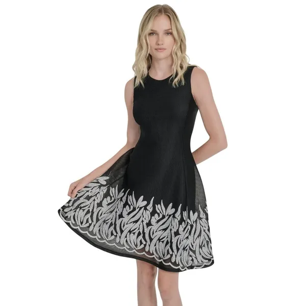 NWT DKNY Embroidered Mesh Sleeveless Fit Flare A-line Dress Black / Ivory 2 - Image 4