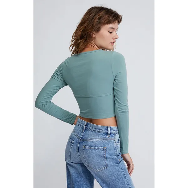 PAC Cares Long Sleeve Cutout Cropped Top Sage‎ Green Size XS - Image 2