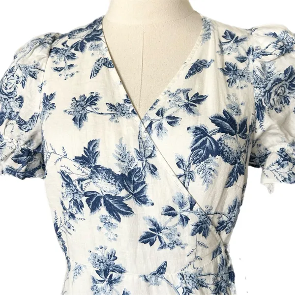 & Other Stories Midi Wrap Dress 100% Linen Blue White Floral Ruffle Puff Size 6 - Image 3