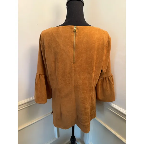 Sail to Sable STS Faux Suede 3/4 Ruffle Bell Sleeve Top Camel Brown Boho Western - Image 6