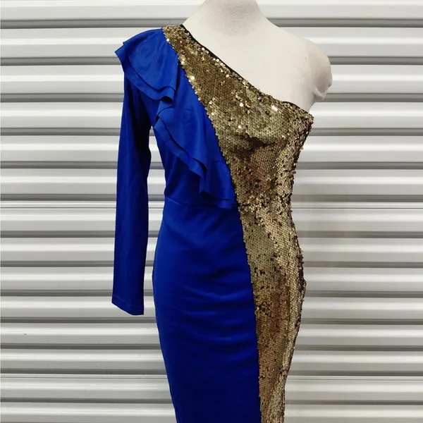 Womens One Shoulder Sequin Midi Dress Size XS Blue Gold Wedding Party Evening - Image 6