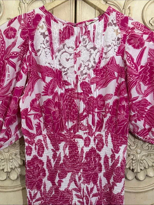 Farm Rio Tropical Woodcut Dress Pink Floral Appliqué Lace Resort Wear Smocked L - Image 6