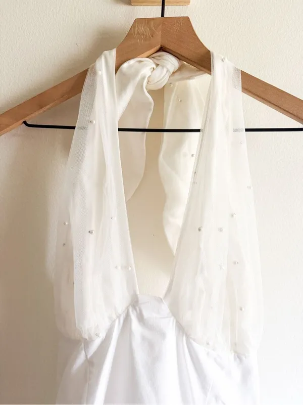 Anthro BHLDN Halter Pearl Embellished Mini Dress Size M with Pearl Bow Clip - Image 5