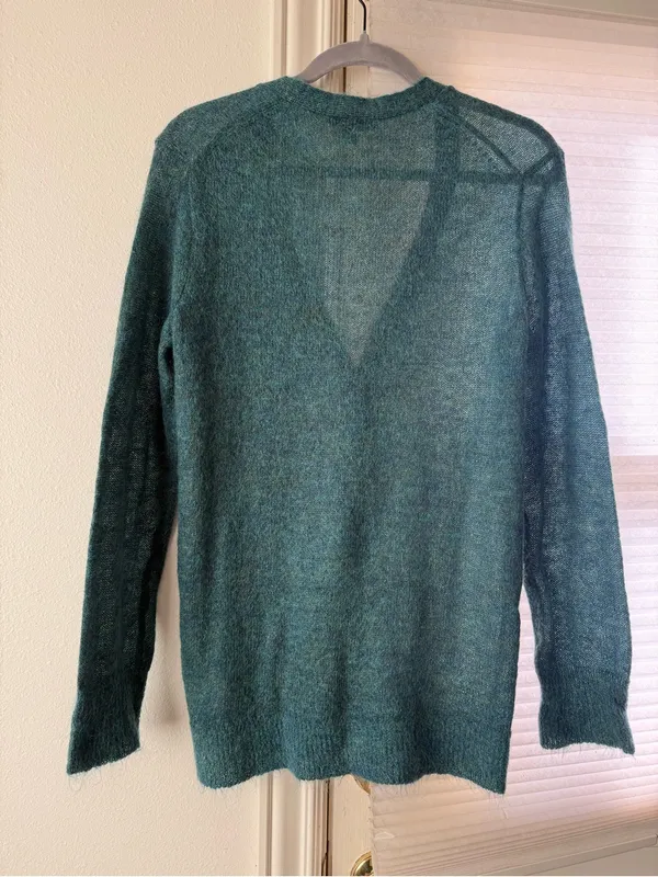Women’s J Crew Mohair Deep Teal / Green V-Neck Button Cardigan Sweater - Image 2