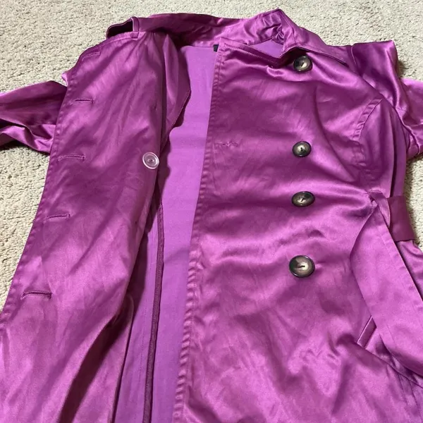 BCX Double Breasted Belted Trench Coat Jacket‎ Women's Size M Purple Satin Look - Image 8