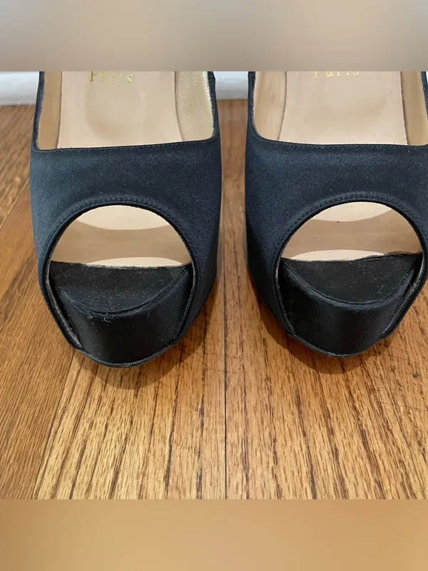 Christian Louboutin Very Prive Black Satin Peep Toe Platform Heels Women 37.5 - Image 3