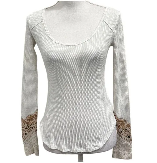 We the Free White Scoop Neck Waffle Knit Thermal Bandana Crochet Cuff Sz XS Boho - Image 3