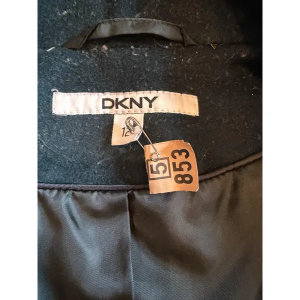 DKNY Coat Womens 12 Green Wool Blend Ruffle Front Snap Button Long Jacket - Image 5