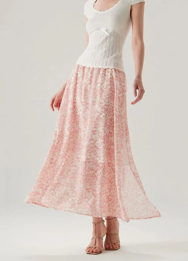 Rihoas Pink Floral Elastic Waist Flared Skirt - Image 2