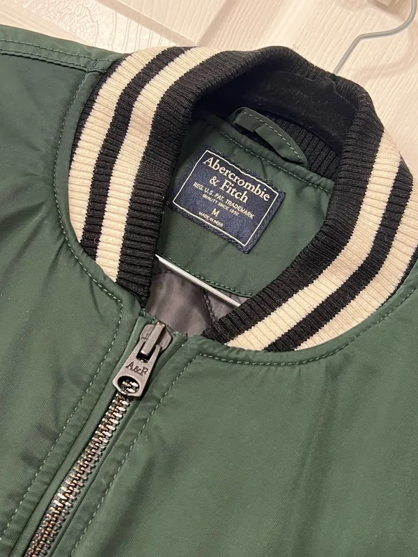 Abercrombie & Fitch Mens M Green Varsity Bomber Jacket Ribbed Collar Zip Up - Image 5