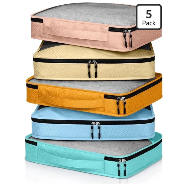 Bulyoou 5 Pack Compression Packing Cubes Travel Organizer for Suitcase Cream L - Image 2
