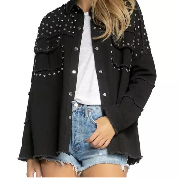 Fantastic Fawn Studded Jacket Black L Collared Snap Frayed Long Sleeve - Image 3