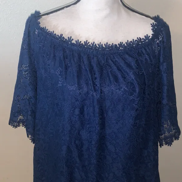 Women’s Miholl Navy Blue Bell Half-Sleeve Mesh Lace Top Off Shoulder - Image 2