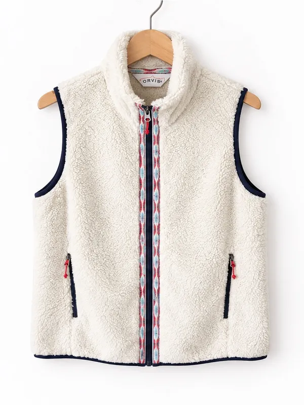 Orvis Women’s Cream Sherpa Fleece Vest Aztec/Black Trim Full Zip Outdoor Medium - Image 4