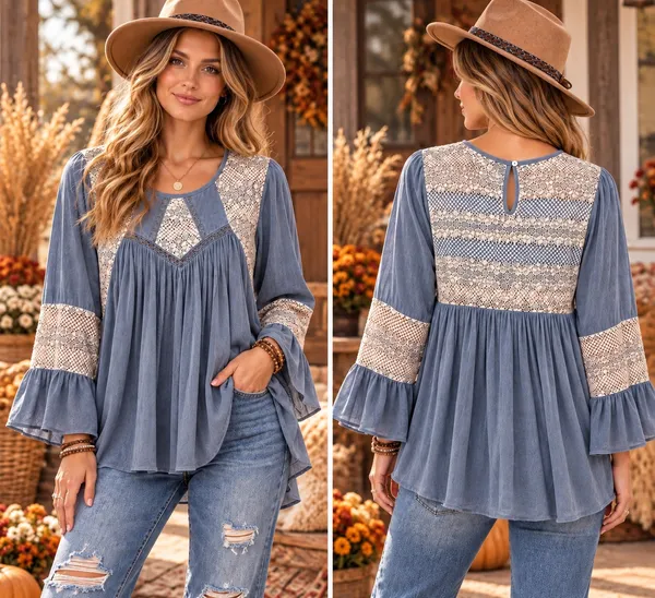 POL Dusty Blue Lace Yoke Peasant Tunic - Image 2