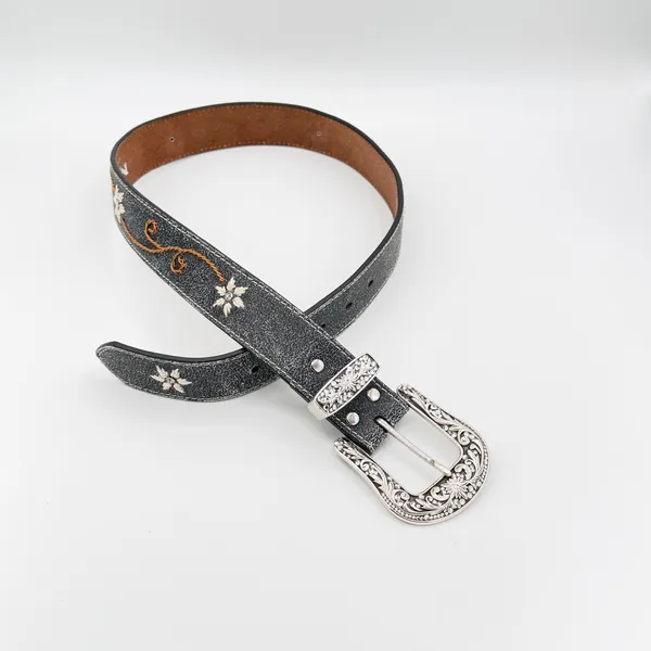 Nocona Size S Black Leather Floral Embroidered Rhinestone Western Cowgirl Belt - Image 3