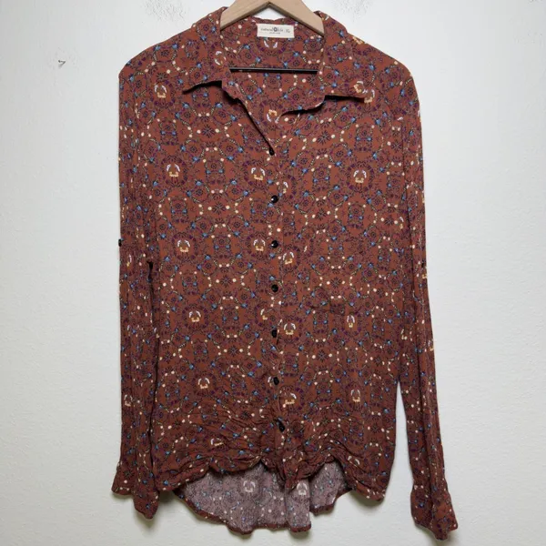 Natural Life Women Cece Button Down Top XL Brown Floral Boho Chic Cottage‎ - Image 2