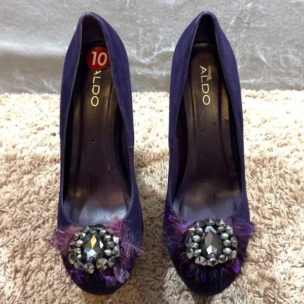 1665 | Aldo Bouch Jewel‎ Feather Embellished Platform Pump Purple Women 9 / 40 - Image 10