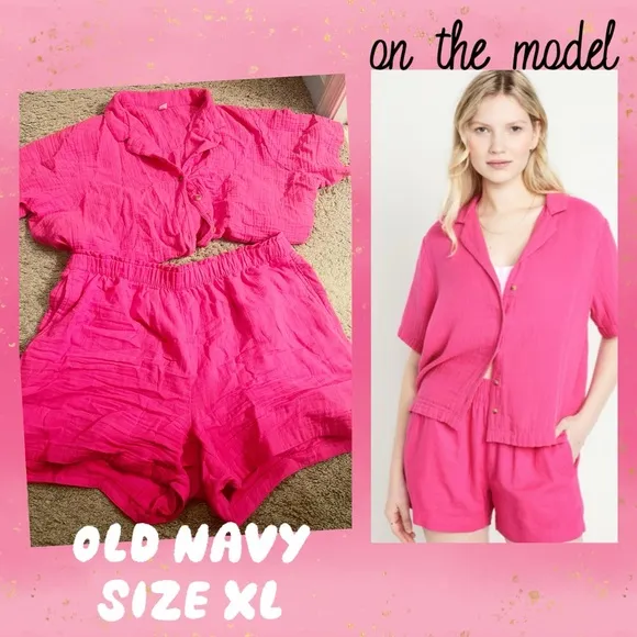 Old Navy Crinkle Gauze Button Up & Shorts Set in Polarized Pink - size XL - Image 2