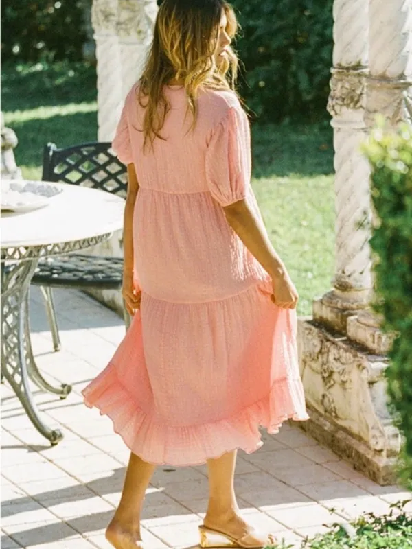 Sabo Skirt Pink Textured Tiered Midi Dress Puff Sleeve V-Neck XS - Image 3