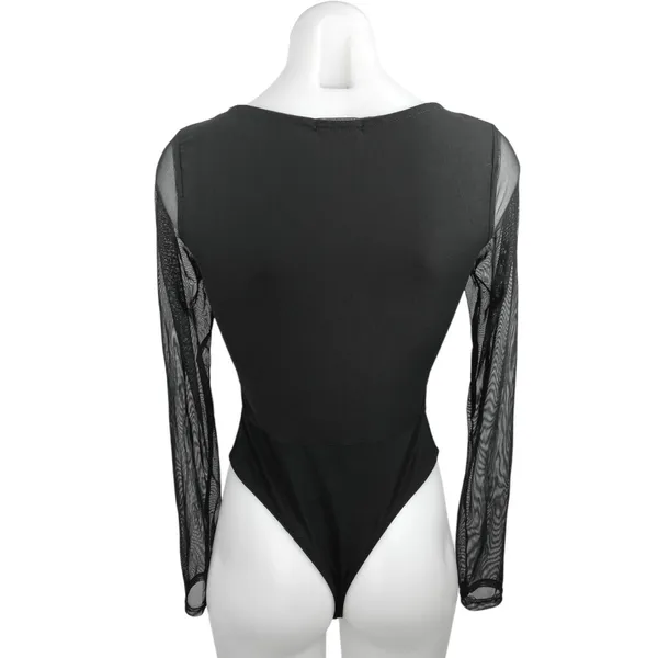 Nasty Gal Black Mesh Long Sleeve Ruched Square Neck Thong Bodysuit Top Size 4 - Image 5