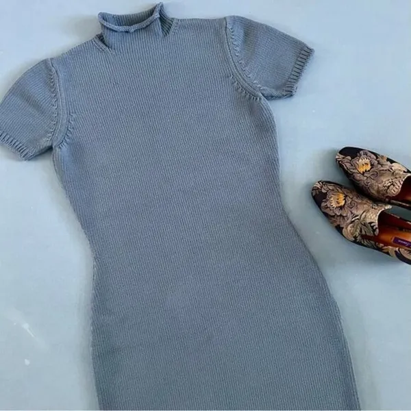 Ralph‎ Lauren Purple Label Knit Blue Mock Neck Sweater Midi Dress - Image 3