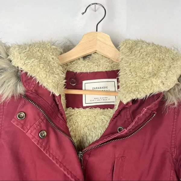 Zara‎ Red Full Zip Cinched Waist Fur Trim Hood Parka Jacket S - Image 4