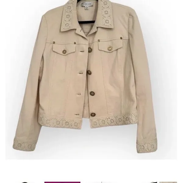St. John Sport Ivory Stretch Cotton Jean/Denim Embroidered Jacket sz‎ S - Image 2