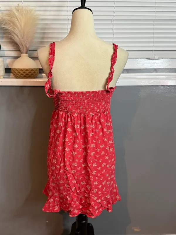 American Eagle Red Floral Mini Dress Size M Ruffle Lace Up Smocked Back Sundress - Image 5