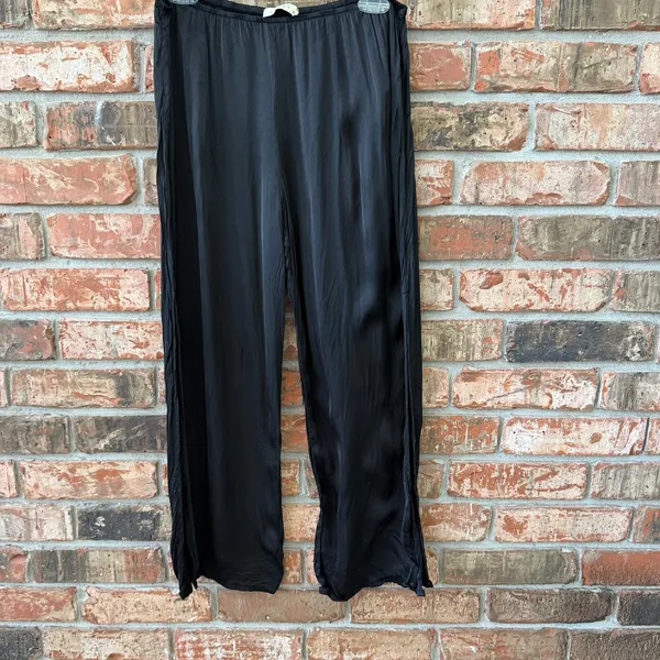 Stark X Anthropologie Black Satin Pants Pull On Size Large Wide Leg Slit Hem - Image 3