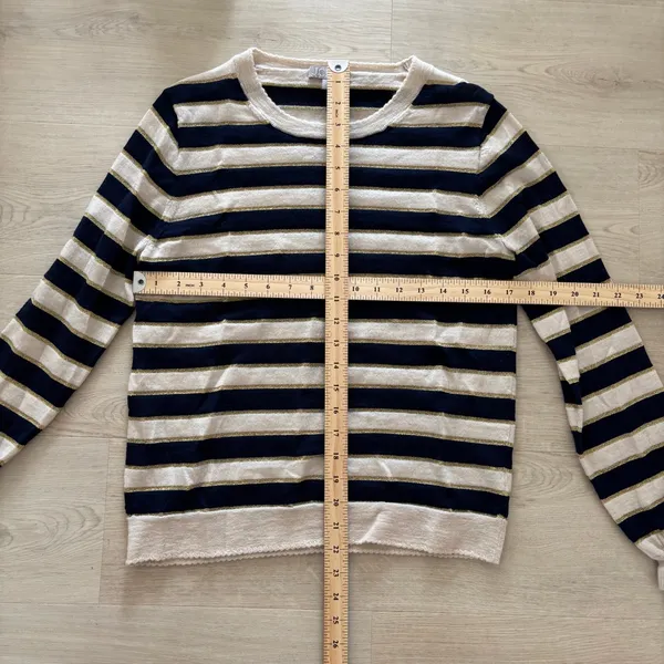 J. Crew EUC Women's Metallic Stripe Merino Wool Ruffle Sleeve Sweater Size L - Image 8