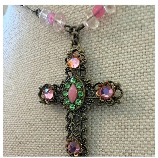 Vintage Victorian Revival Jeweled Cross Necklace Pink Green Rhinestones Beaded G - Image 3