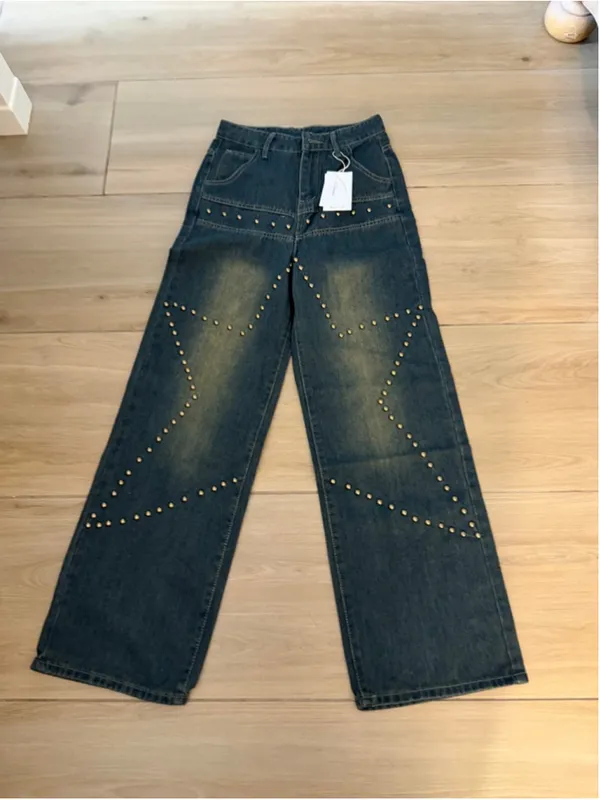 NEW Street Fashion Loose Jeans Y2k Rivet Star Gothic Loose Denim XS - Image 4