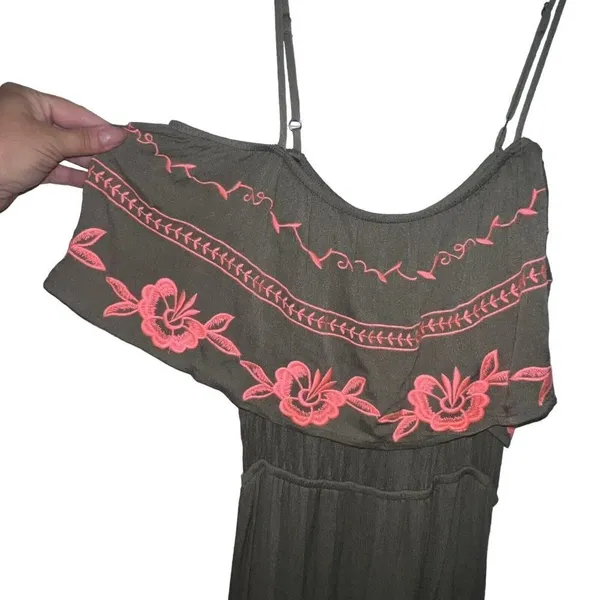 Francesca'S Miami Olive‎ Green Coral Embroidered Maxi Off The Shoulder Dress New - Image 2
