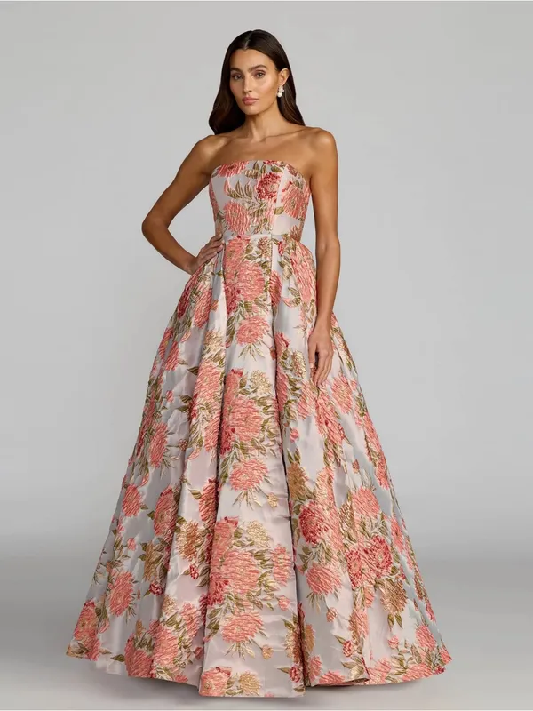 MAC DUGGAL 69169 Pink Strapless Floral Brocade Ball Gown With Pockets Size 2 - Image 3