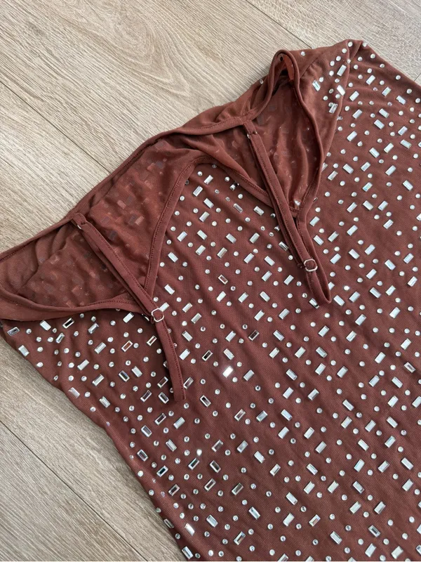 NWT SHEIN Brown Rhinestone Embellished Spaghetti Strap Net Midi Dress Size Large - Image 4