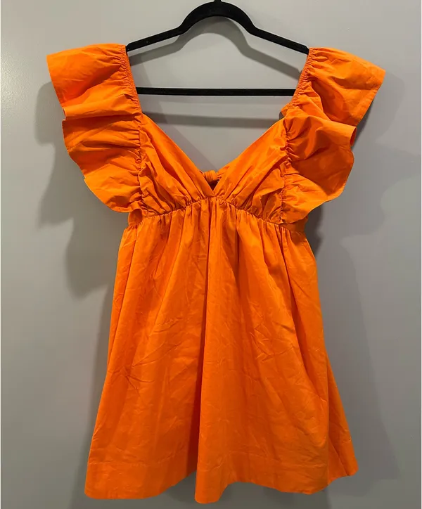Day + Moon Ruffle Sleeve Tie Back Poplin Mini Dress Orange - Image 5