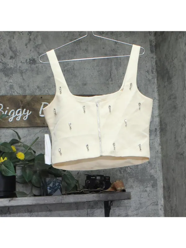 Aqua Woven Jeweled Satin Top IBO26962 Yellow M - Image 2