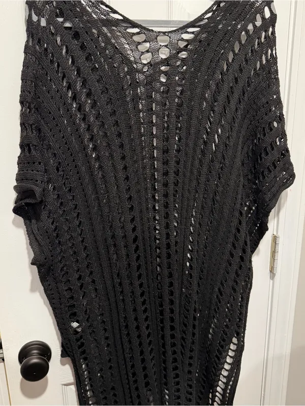 Black Open Knit Crochet Swim Cover Up One Size Boho Beach Tunic Poncho - Image 5