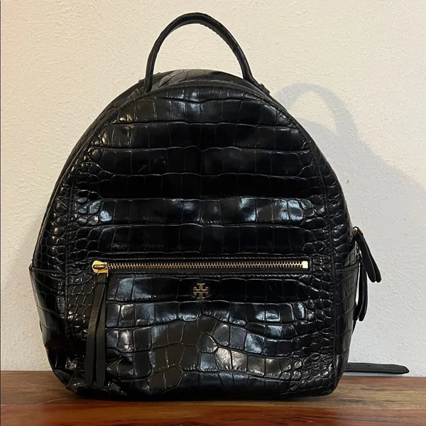 Tory Burch Croc Embossed Black Leather Mini Backpack Purse Gold Logo Casual Luxe - Image 3