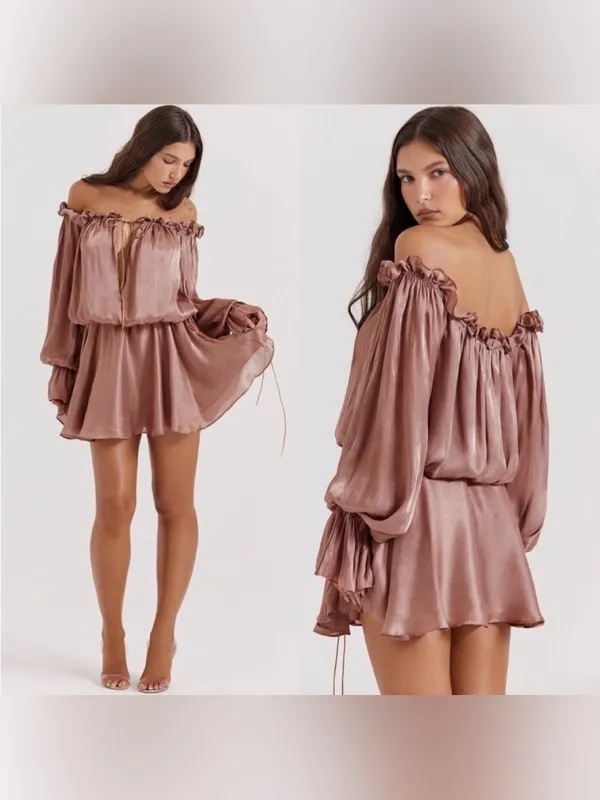 NEW House Of Cb Hazelnut Chaya Off Shoulder Chiffon Blouson Long Sleeve dress S - Image 2