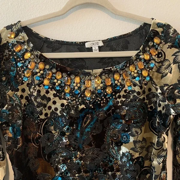 Cache Womens Size Large Multicolor Floral Velvet Embellished Stretch Blouse - Image 2