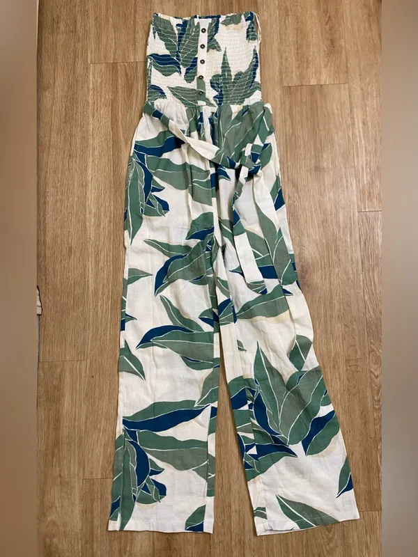 Billabong White Strapless Leaf-Print Jumpsuit with Green and Blue - Image 2