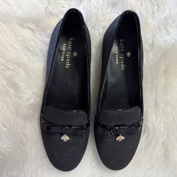 Kate Spade New York Black Glitter Loafers Flats Bow Charm Size 5.5B - Image 4