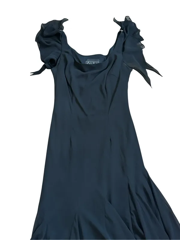 Vintage Alex Evenings Black Chiffon Midi Dress Handkerchief Hem Witchy 90s Y2K - Image 4